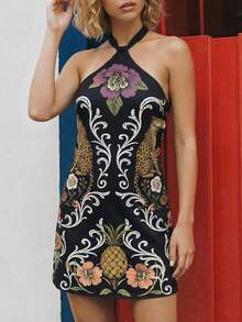 CAJUNI Tropical Vacation Rainbow Flowers Short Dress - Black - View 4