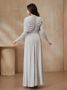 Graceveil Robe élégante de soirée pour femmes, couleur unie, drapée. Robe élégante et classique avec manches longues. Robe de cérémonie pour invitée de mariage. Robe de soirée élégante et classique pour femmes. Robe longue d'hiver élégante et habillée pour femmes. - Gris pâle - Voir 7