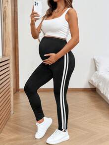 SHEIN 孕妇可调节腰带侧条纹休闲打底裤 - 黑色 - 查看 3