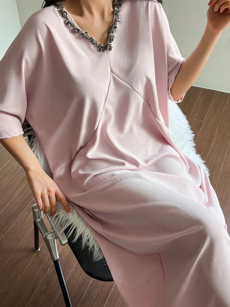 Women's Elegant Sequin Ruffle Collar Loose Nightgown, Summer