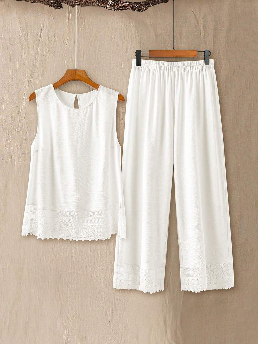 Linhara Bộ đồ 2 món dành cho nữ cỡ lớn: Áo tank top cổ tròn kiểu dáng thường ngày và quần cạp chun. - trắng - Xem 1