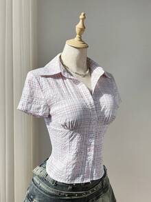 SHEIN Unity 粉色格子纯棉翻领短袖修身衬衫，适合通勤、办公、上学等各种场合，时尚优雅，复古休闲风。 - 粉色 - 查看 5