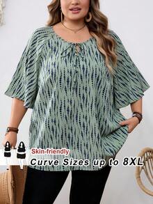 SHEIN CURVE+ Curve 尺码 US22 音乐节、海滨度假、波西米亚风女式印花系带领插肩袖衬衫，春/冬款 - 綠色 - 查看 1