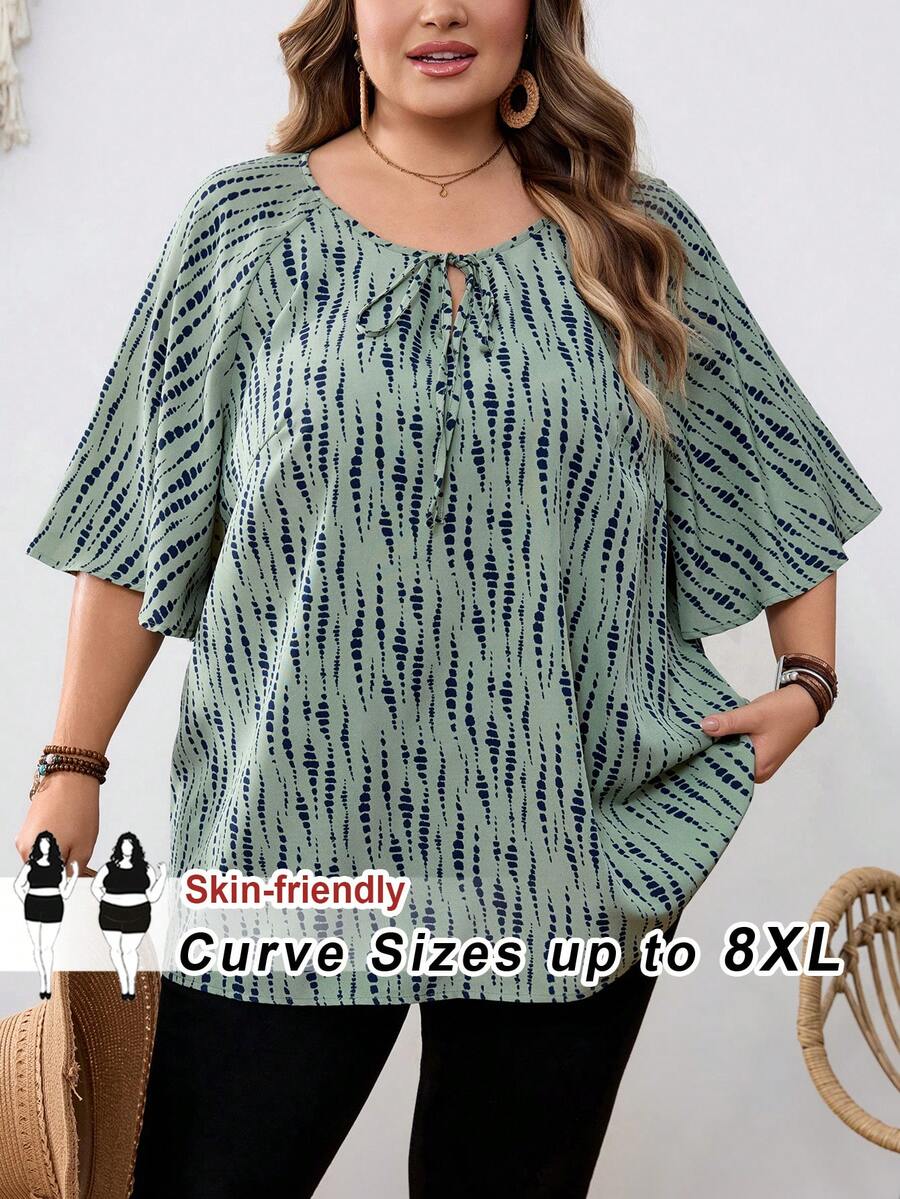 SHEIN CURVE+ Curve 尺码 US22 音乐节、海滨度假、波西米亚风女式印花系带领插肩袖衬衫，春/冬款 - 綠色 - 查看 1