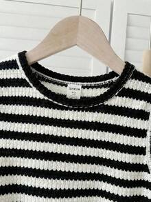 SHEIN 少女宽松休闲简约舒适圆领无袖条纹背心和短裤套装 - 彩色 - 查看 3