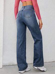 SHEIN EZwear 女士宽松直筒加厚口袋牛仔裤，适合感恩节和圣诞节穿着，休闲百搭。 - 深色水洗藍 - 查看 2