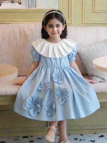 SHEIN Vestido holgado con volantes en el bajo y contraste de color tejido, adecuado para primavera y verano para niña joven - Azul - Ver 3