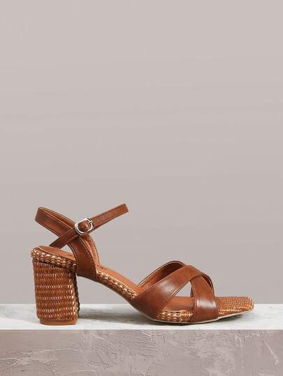 Styleloop Women Shoes Square Heel Brown Ankle Strap Cross Strap Woven Fabric Women's High Heel Sandals Outdoor Simple Breathable Comfortable Bohemian French Music Festival Holiday Women's Sandals Wear