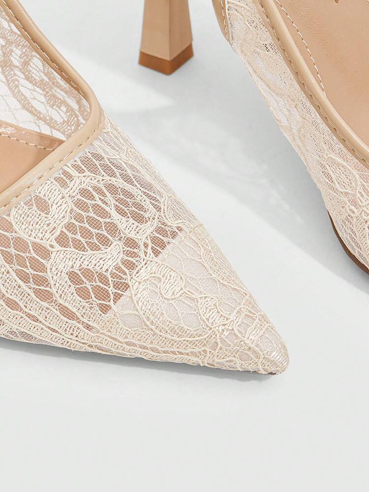 CUCCOO SZL Women Shoes Spring And Summer New Pointed Stiletto Apricot Lace Mesh Fashion Sexy Wedding Banquet Ankle Strap Women's High Heels Shoes Women's Shoes Spring Shoes