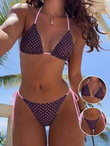 Swim Mod Bộ bikini nữ họa tiết chấm bi đen trắng cổ yếm, kiểu dáng xuân/hè 2026, quần bikini buộc dây bên hông dễ thương, bikini tam giác chấm bi, đồ bơi hai mảnh chấm bi, bộ bikini nữ, bikini tam giác chấm bi. - Nhiều màu - Xem 1