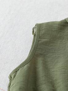 Franclia 女士纯色纽扣褶裥优雅腰部中长连衣裙，适合派对穿着 - 軍綠色 - 查看 4