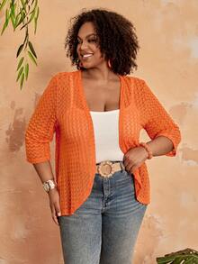 BrightlyHer Plus Size Women Solid Color Hollow Out 3/4 Sleeve Open Front Casual Jacket,Summer Dresses For Women ,Beach Outfits For Women,Holiday Outfits For Women,Country Outfits For Women,Women's Spring Jacket Plus Size Summer Cardigan Plus Size Spring Outfits Women Casual Outfits New Arrivals For Plus Size Woman Plus Size Outfits For Women Women's Plus Size Clothes - Coral Orange - View 7