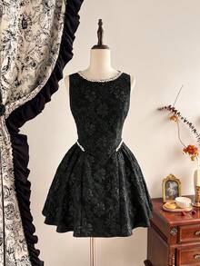 Vintamour Đầm nữ cổ điển thanh lịch, đầm jacquard ôm dáng mùa xuân/hè đính đá, đầm ngắn màu đen dáng xòe. - màu đen - Xem 4