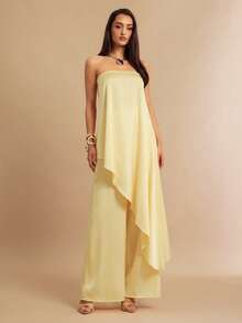 Silquee 女士缎面抹胸不对称下摆上衣和长裤两件套，春夏款 - 黃色 - 查看 5