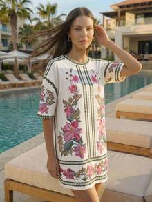 CAJUNI Tropical Vacation Embroidery Flowers Pink Knit T-Shirt Mini Dress - Pink - View 5