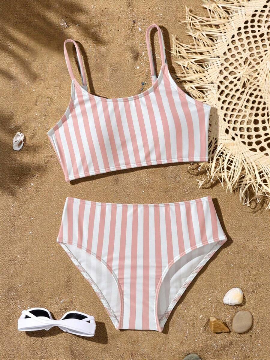 Sparklyn Teen Girls Bikini Sets,Teen Girl Swimsuit Set, Casual, Vacation Style, Pink Swimsuit, Striped Knit Fabric, Backless Straps, Two Pieces Set, Strappy Top With Triangle Underwear, Stylish, Casual, Exquisite, Elegant, And Ladylike, Suitable For Swimming, Summer Vacation, Beach, Seaside, Pool, Swimming Pool, Summer Party, And Leisure Vacation - Pink - View 1