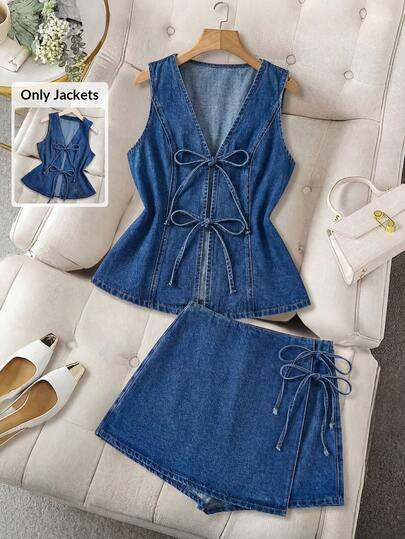 GlowEve Áo gile denim nữ kiểu dáng thường ngày, cổ chữ V, có nơ trang trí.