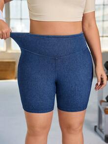Flexra Plus Size Women's Casual Elastic Denim Shorts, Summer - Dark Wash - View 5