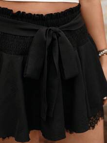EMERY ROSE Plus Size Women Solid Color Fashion Shirred Ruffle Contrast Lace Skort - Black - View 3