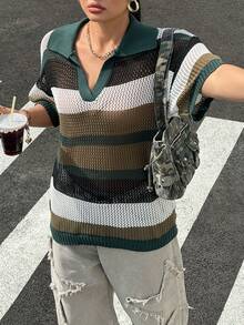 Muchica Plus Size Women Knitted Fashion Turndown Collar Colorful Striped Hollow Out Casual Pullover Sweater, Versatile College Style Top - Multicolor - View 2