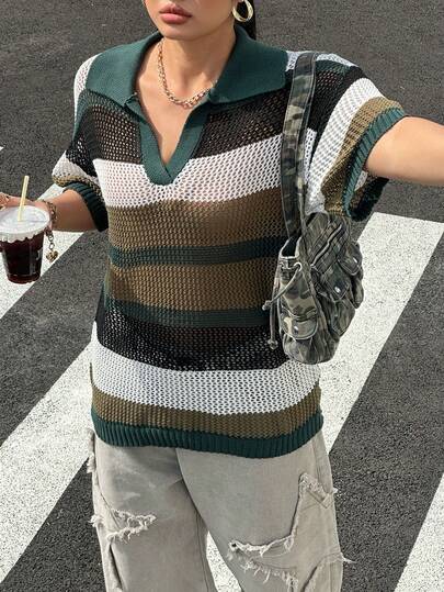 Muchica 大码女式针织时尚翻领彩色条纹镂空休闲套头毛衣，百搭学院风上衣