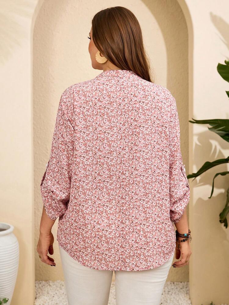 Plus Size Women's Casual Ditsy Floral Notch Collar Blouse Blouses For Women New Plus Size Plus Size Shirts For Women Blouse For Women Casual Women's Shirts For Summer Blouse For Women Elegant Blouse For Women Plus Size Floral Print Blouse Pink Blouse
