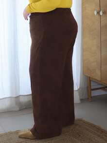 Pretty and Ole Plus Size Women's Solid Color Vintage Simple Daily Corduroy Rib Pants,Coffee Pants,Wide Leg Women Pants/Winter - Coffee Brown - View 5