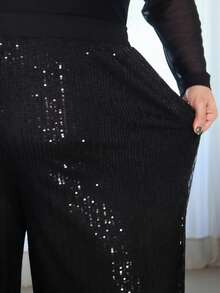 Pretty and Ole Pantalones anchos de cintura elástica de unicolor con lentejuelas para mujeres de talla grande, pantalones brillantes de invierno para mujeres - Negro - Ver 3
