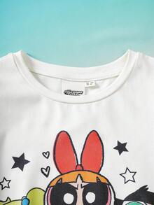 THE POWERPUFF GIRLS X SHEIN 女童休闲卡通印花短袖上衣短裤睡衣套装，夏季 - 淺粉色 - 查看 5