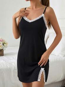 EURMUSE Women 2 Pcs Contrast Colour Lace Detail Nightdress With Robe Pajama Set White Set - Black - View 6