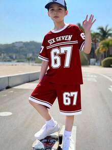 2pcs/Set Tween Boys' Casual Creative Graphic 67 Striped Red & White T-Shirt And Shorts Set, Comfortable Daily Wear For Spring, Summer & Autumn - Multicolor - View 3