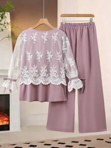 Lacomfia 2pcs/Set Kemeja Lengan Panjang Jala Bordir Kasual Ukuran Besar dan Celana Panjang Kaki Lebar Pinggang Elastis Polos, Musim Semi/Panas - MultiWarna - View 2