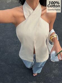 Siren Gaze 女士休闲露背交叉吊带背心，简约纯色，适合夏季度假 - 杏色 - 查看 6