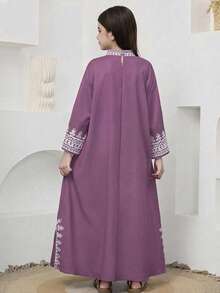 SHEIN 青少年女孩印花寬鬆A字版型3/4袖開衩下擺長袍Abaya，阿拉伯風穆斯林女孩洋裝 - 淺灰紫 - 查看 2