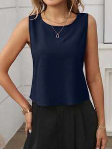 SHEIN LUNE Women's Solid Color Bow Decor Back Tank Top - Navy Blue - View 4