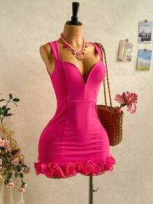 Soleia Spring/Summer New Casual Vacation Western Beach Wedding Guest Attire Graduation Brunch Dress, St. Patrick's Day Spring Break Easter Music Festival Elegant Boho Tropical Chic Fuchsia Pink Sexy Deep V-Neck Backless Mini Dress, Suitable For Valentine's Day Party Wedding Season,Red Dresses,Ruffle Skirt,Elegant Dresses,Graduation Dresses, Party Dresses - Hot Pink - View 6