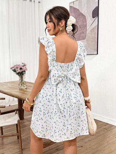 Lounesse 大码女式印花蝴蝶结装饰褶皱时尚约会派对连衣裙