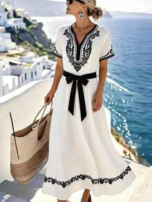 Franclia Đầm maxi ngắn tay cổ chữ V in họa tiết dành cho nữ, phong cách Bohemian, thích hợp cho mùa xuân/hè. - Nhiều màu - Xem 9