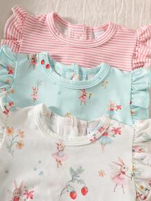 SHEIN 3pcs Newborn Baby Girl Sleeveless Romper Set | Soft White / Light Blue / Pink Striped, Fabric, Ruffle Trim, Rabbit & Strawberry Floral Decor, Cute & Sweet Style, Suitable For Newborn, Festivals, Parties, Outings, Photo Shoots Baby Clothes Baby Girl Clothing Ootd For Baby Girl 0 To 12months Baby Girl Outfit Baby Romper Rompers For Baby Girl Babies Clothes Baby Girl Outfits - Multicolor - View 3