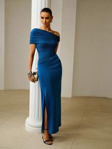 ZEYLAH Asymmetric Ruched Satin Patchwork Dress, Spring/Summer - Blue - View 4
