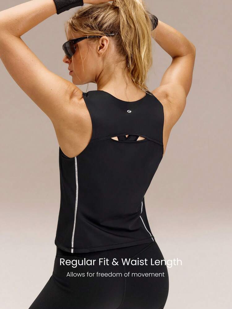 Power Hour Lightweight Quick-Dry Mesh Waist-Length Regular Fit Cutout Back Contrasting Seam Tank Top Running Jogging Gym Training Tennis Golf Daily Active Wear