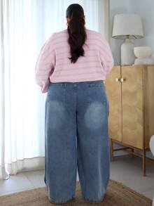 Pretty and Ole Plus Size Distressed Washed Wide-Leg Boyfriend Jeans,Baggy Jeans - Medium Wash - View 2