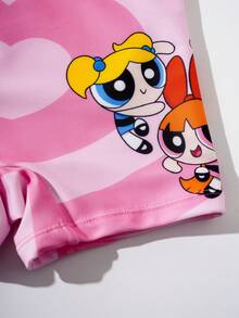 THE POWERPUFF GIRLS X SHEIN 少女撞色卡通印花比基尼套装，适合海滩/度假 - 彩色 - 查看 7