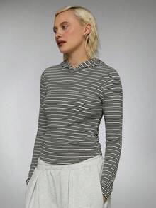 COUREZ Long Sleeve Fitted Stripe Hooded Top - Multicolor - View 3
