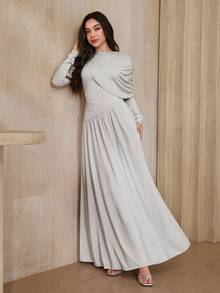 Graceveil Robe élégante de soirée pour femmes, couleur unie, drapée. Robe élégante et classique avec manches longues. Robe de cérémonie pour invitée de mariage. Robe de soirée élégante et classique pour femmes. Robe longue d'hiver élégante et habillée pour femmes. - Gris pâle - Voir 5