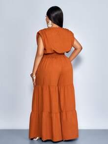 SOLERSUN Burnt Orange Plus Size Women's Summer Elegant Vacation Jumpsuit,Cotton Linen Blend V-Neck Sleeveless Ruched Cinched Waist Pocket Paneled Outfits - Rust Brown - View 2