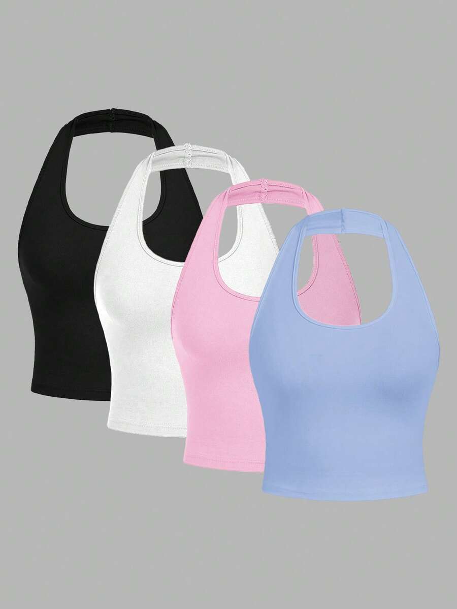 SHEIN EZwear Bộ 4 áo tank top ngắn cổ tròn ôm sát, kiểu dáng tối giản, thích hợp cho nữ mùa hè. - Nhiều màu - Xem 1