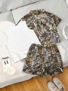 SHEIN 3件套婴儿/男婴迷彩印花短袖衬衫和T恤套装，春夏时尚街头服饰 - 軍綠色 - 查看 2