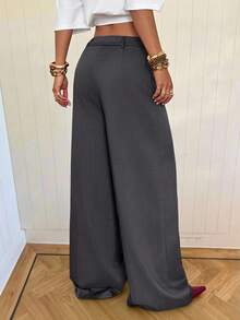 SHEIN EZwear Quần tây ống rộng màu xanh than dành cho nữ, chất liệu dệt kim. - Xám - Xem 2