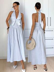 Siren Gaze Women's Elegant Casual Blue White Vertical Striped Deep V-Neck Halter Neck Bow Front Tie Back Backless Smocked Waist Flowy A-Line Maxi Dress, Summer Beach Vacation Holiday Party Wedding Guest Casual Outfit - Blue and White - View 3